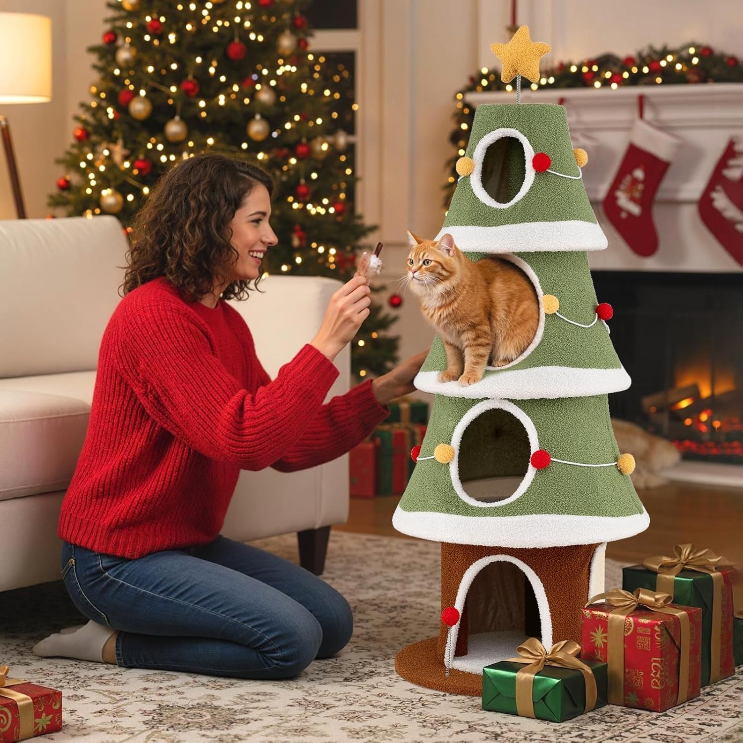 Christmas Cat Tree Tower 154cm Festive Green Multi-Level Condo Scratcher