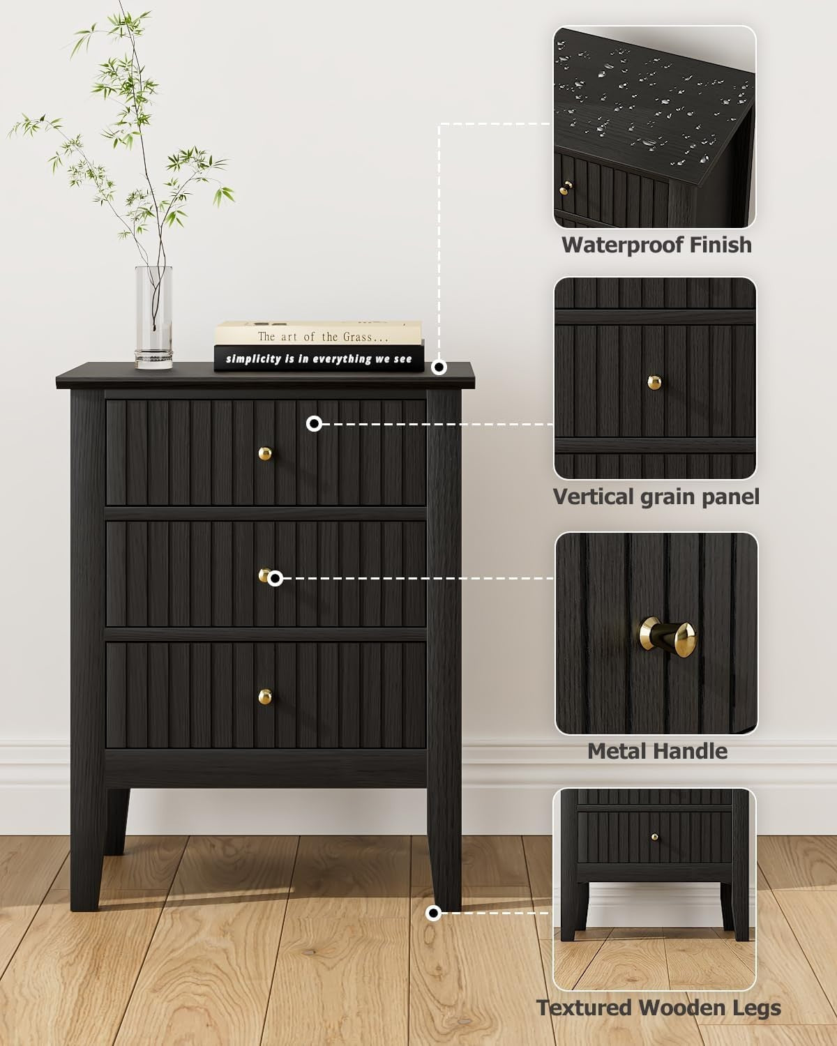 Modern Black Bedside Table with 3 Drawers Wooden Nightstand Bedroom Storage