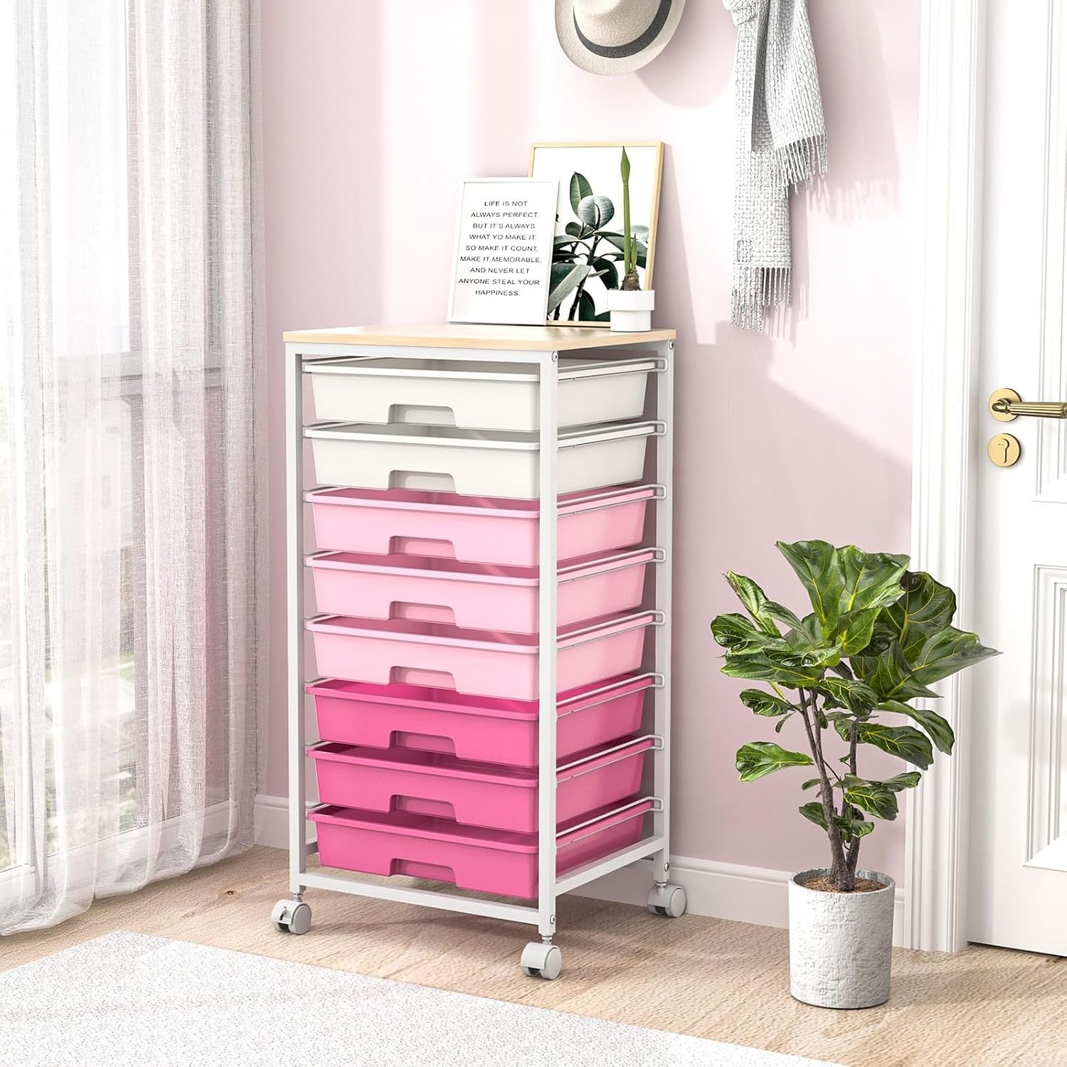8 Drawer Rolling Storage Trolley Organizer Cart Lockable Wheels Pink