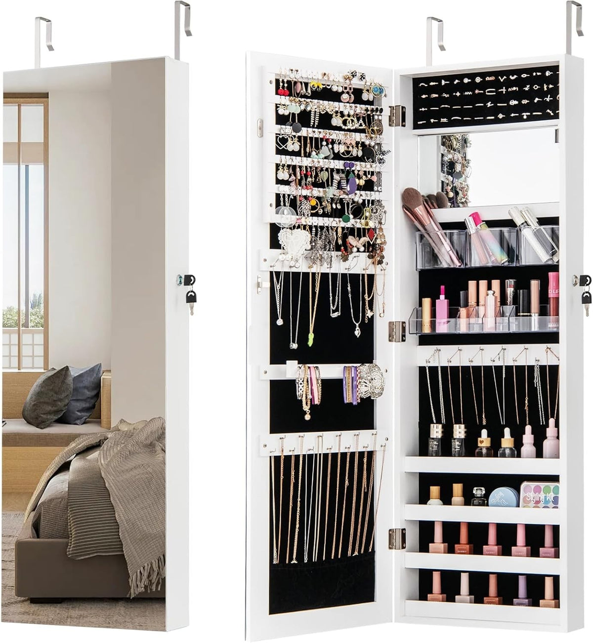 White Wall Mounted Jewelry Cabinet Mirror Lockable Door Hanging Storage