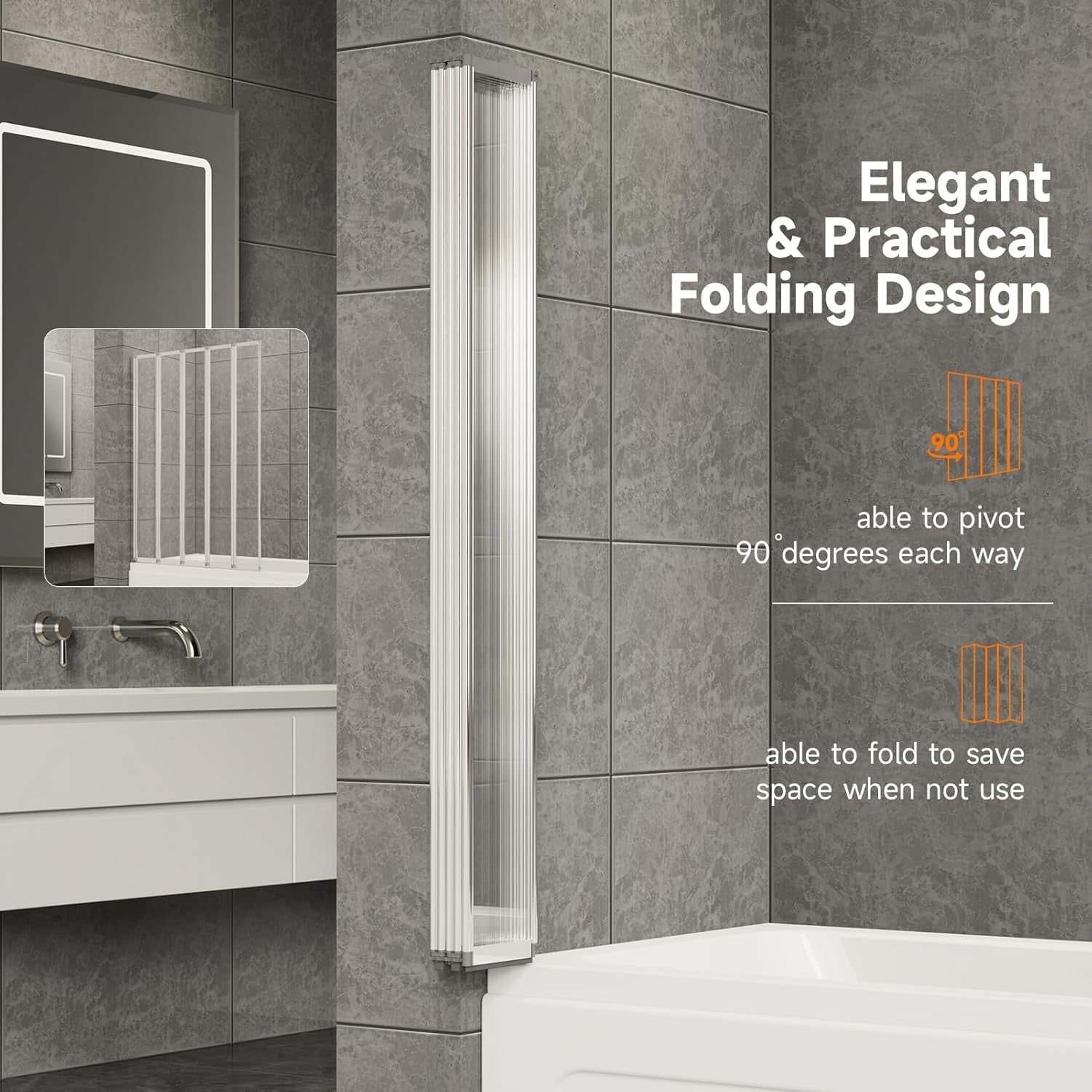 5 Panel Folding Shower Screen 1200x1400mm Tempered Glass Bath Screen Silver
