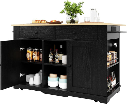 Large Kitchen Island Trolley on Wheels Storage Cabinet Drawer Power Strip