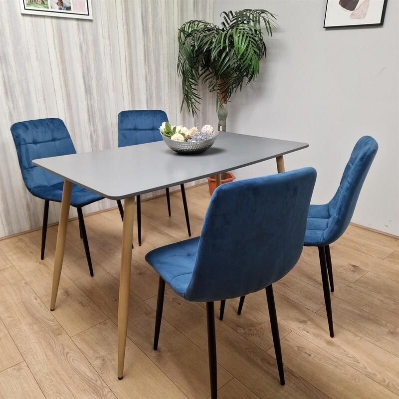 Modern Grey Dining Table Set with 4 Blue Velvet Chairs for Kitchen Home