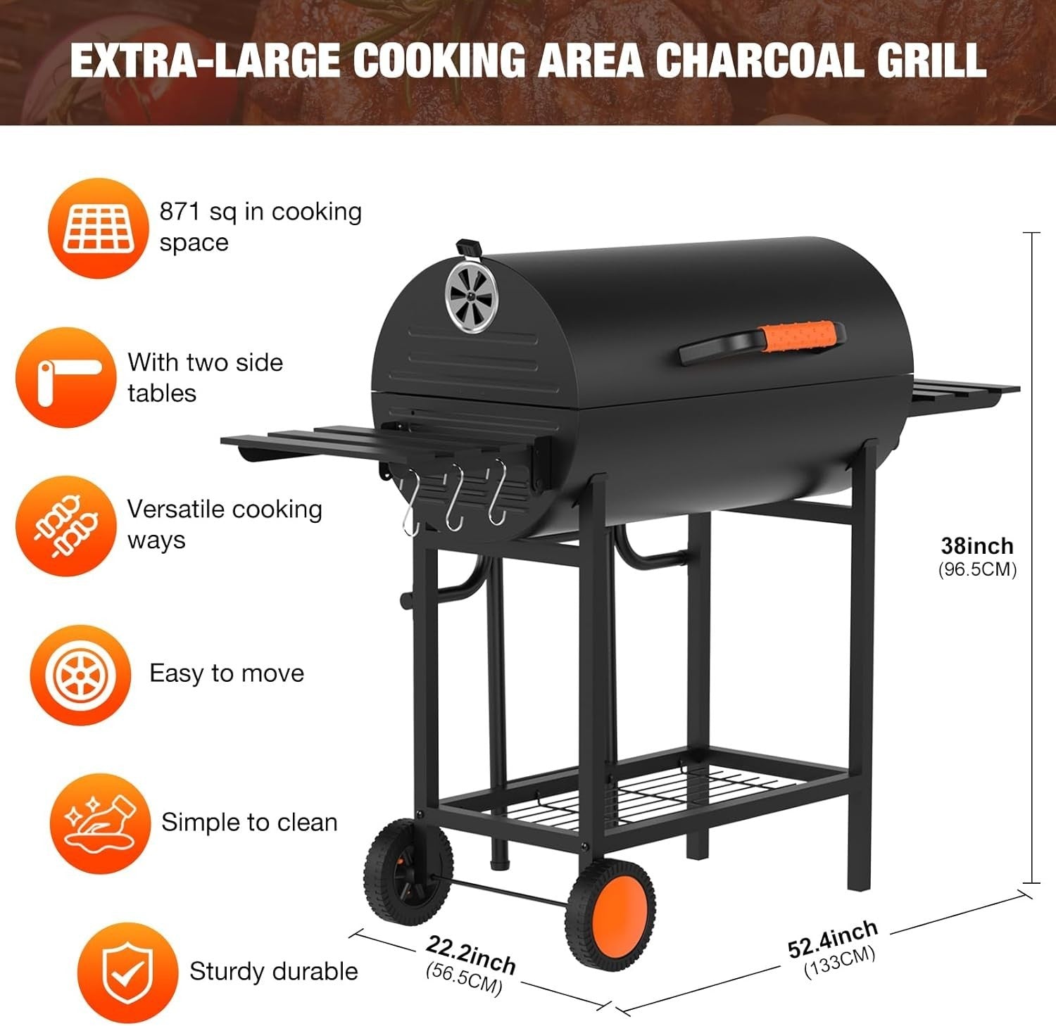 Extra Large Charcoal BBQ Grill Trolley 918 sq in Cooking Space w/ Side Tables