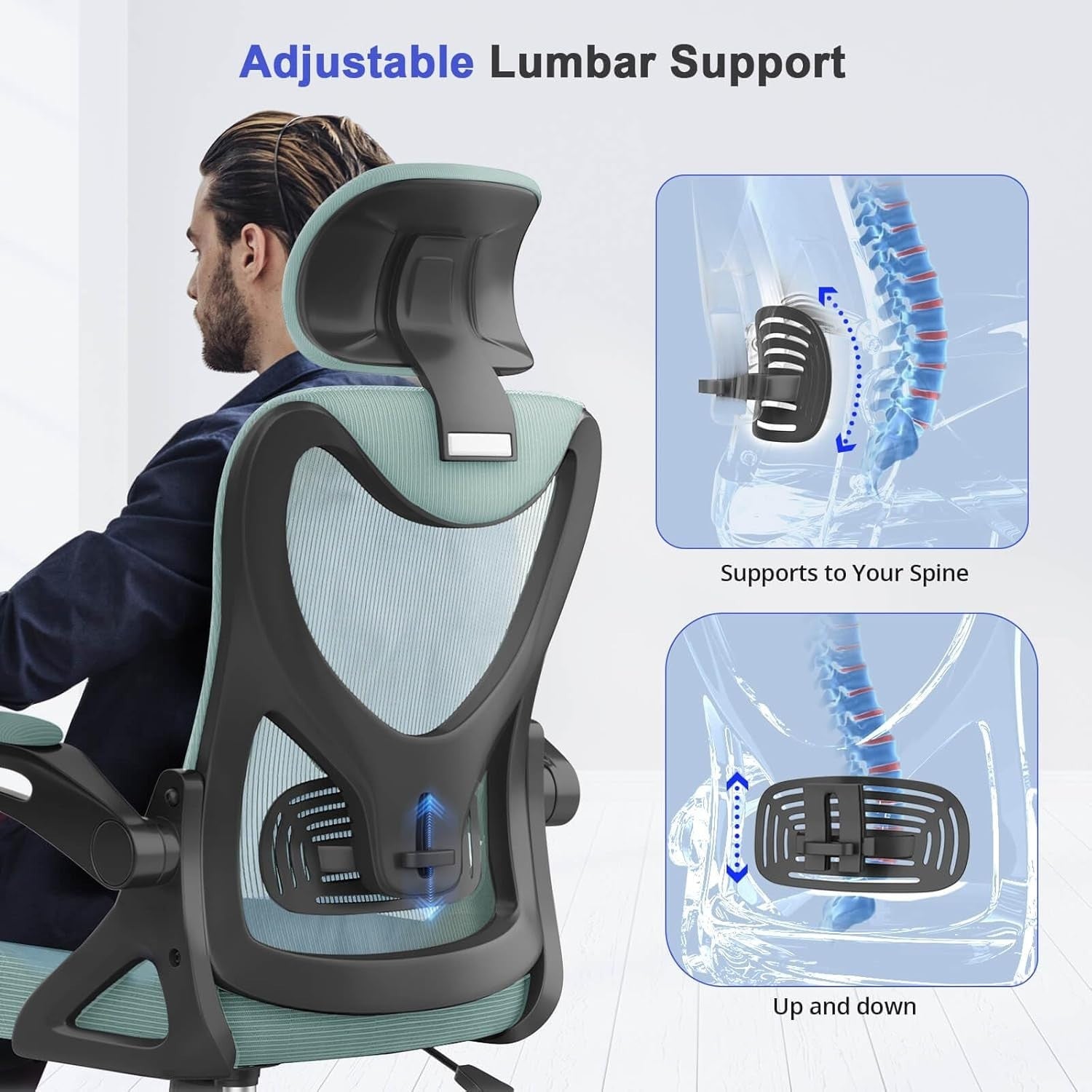 Ergonomic Office Chair High Back Mesh Flip-up Armrests Adjustable Lumbar Support