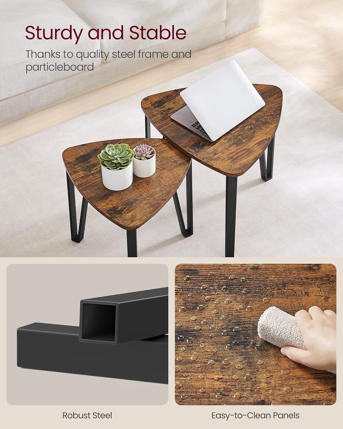 Set of 2 Nesting Triangle Side Tables Rustic Coffee End Table Wood/Steel Frame