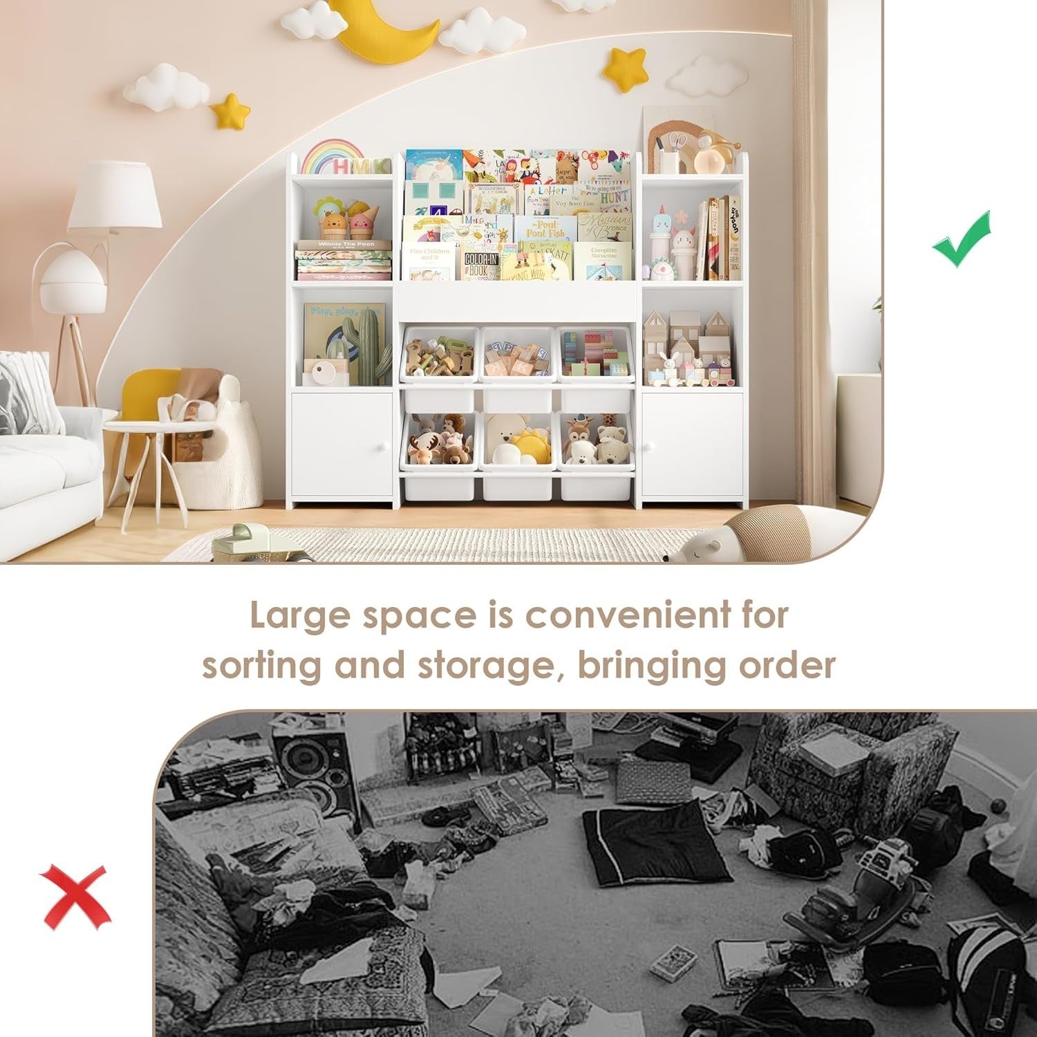 Large Kids Toy Storage Bookshelf with 6 Boxes 4 Tier Shelves for Playroom White