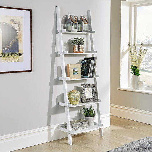 5 Tier Ladder Bookcase Shelving Unit Wall Storage Display Shelf White