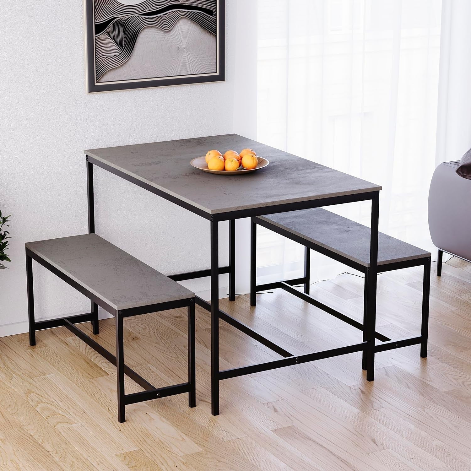 4 Seater Dining Table Set with 2 Benches - Compact Modern Metal Frame Grey