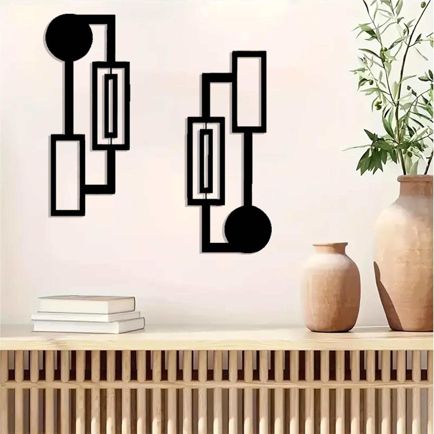 Black Abstract Metal Wall Art Set of 2 3D Geometric Decor