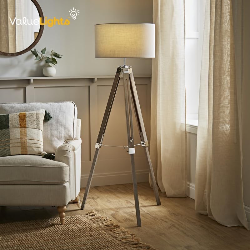 Grey Wood Tripod Floor Lamp Chrome Legs Drum Shade Modern Standing Light