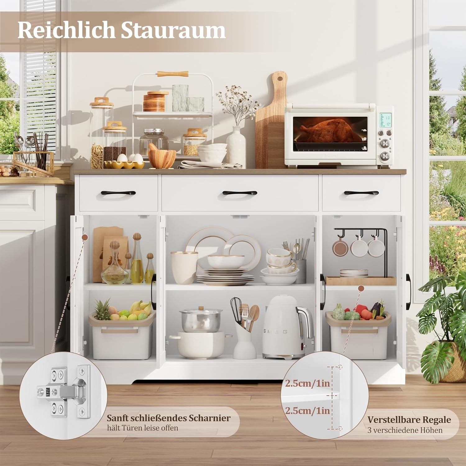 Kitchen Sideboard Cabinet 140cm with Drawers Adjustable Shelves Storage Unit