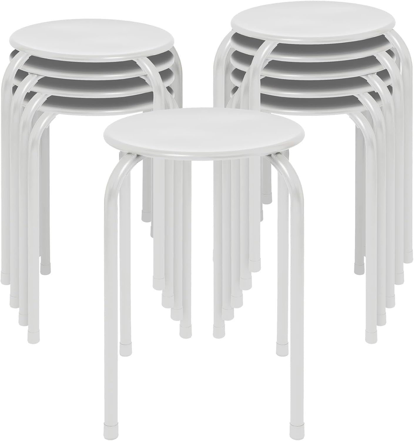 Set of 10 White Metal Stacking Stools Compact Round Modern Seating