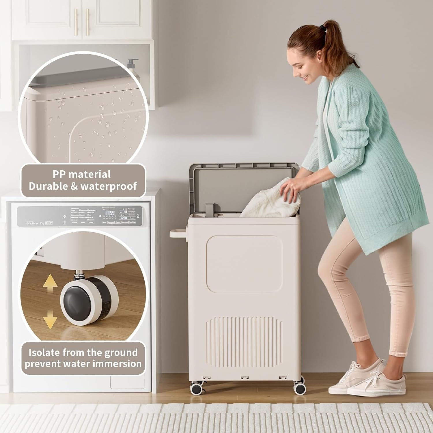 2-Pack 50L Slim Laundry Baskets with Lid & Wheels | Narrow Rolling Hampers Set