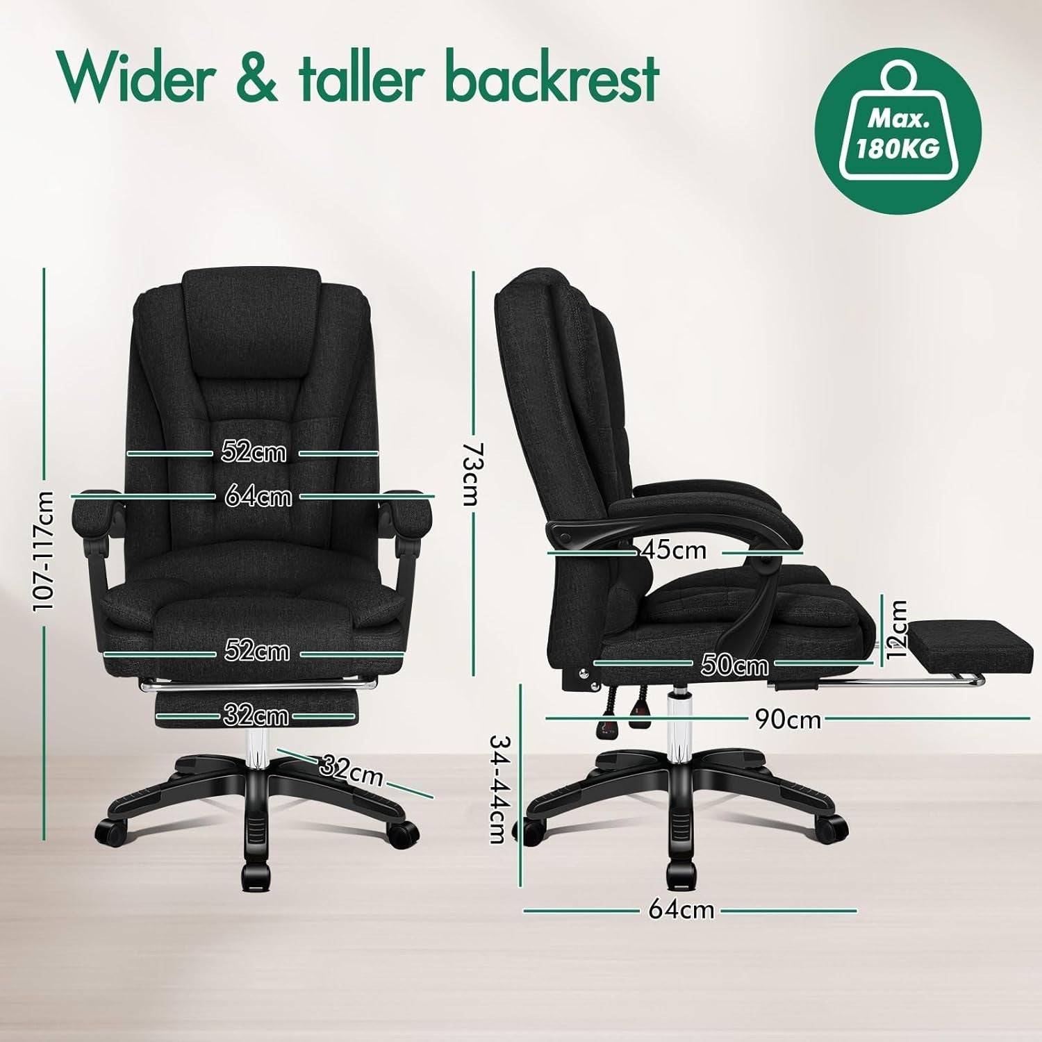 Office Chair Executive Ergonomic Heated Massage Recliner Swivel Black Linen