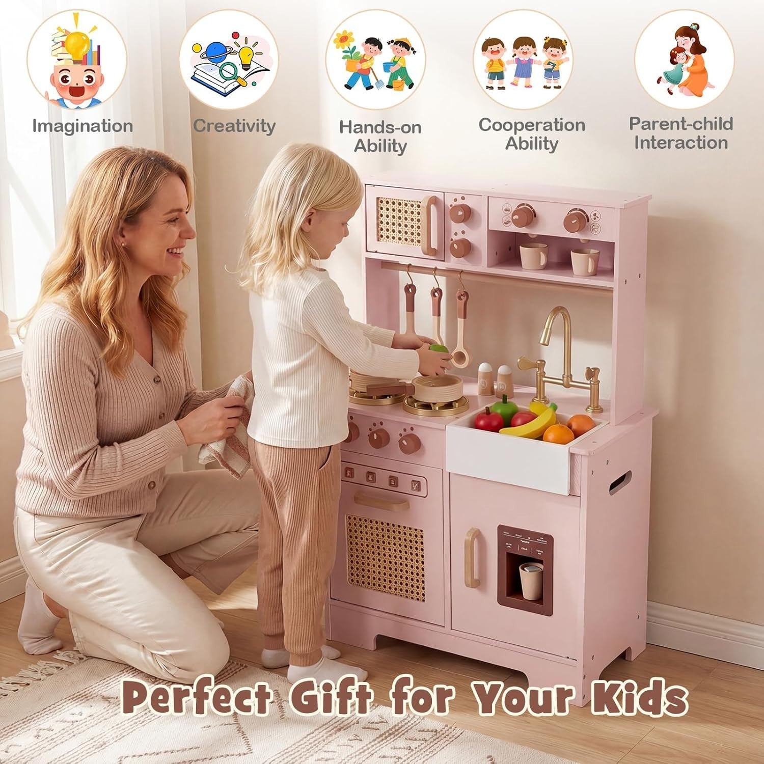 Kids Wooden Play Kitchen w/ Lights Sounds Ice Maker Coffee Pink