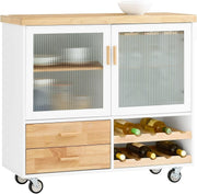 Mobile Kitchen Island Trolley with Glass Doors & Wine Rack White 109x40cm