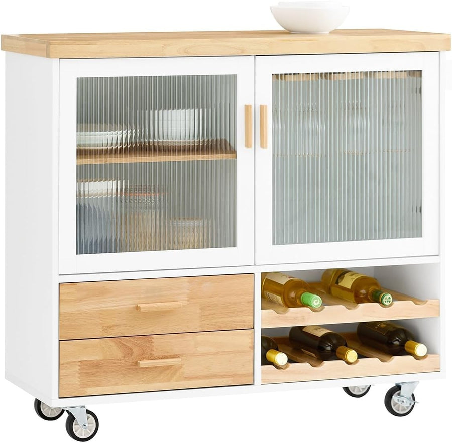 Mobile Kitchen Island Trolley with Glass Doors & Wine Rack White 109x40cm