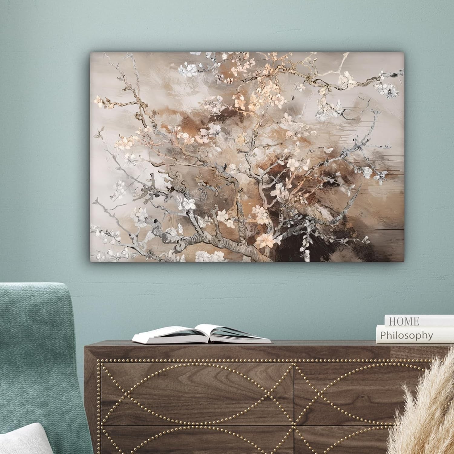 Almond Blossom Canvas Wall Art 60x40cm Framed Beige