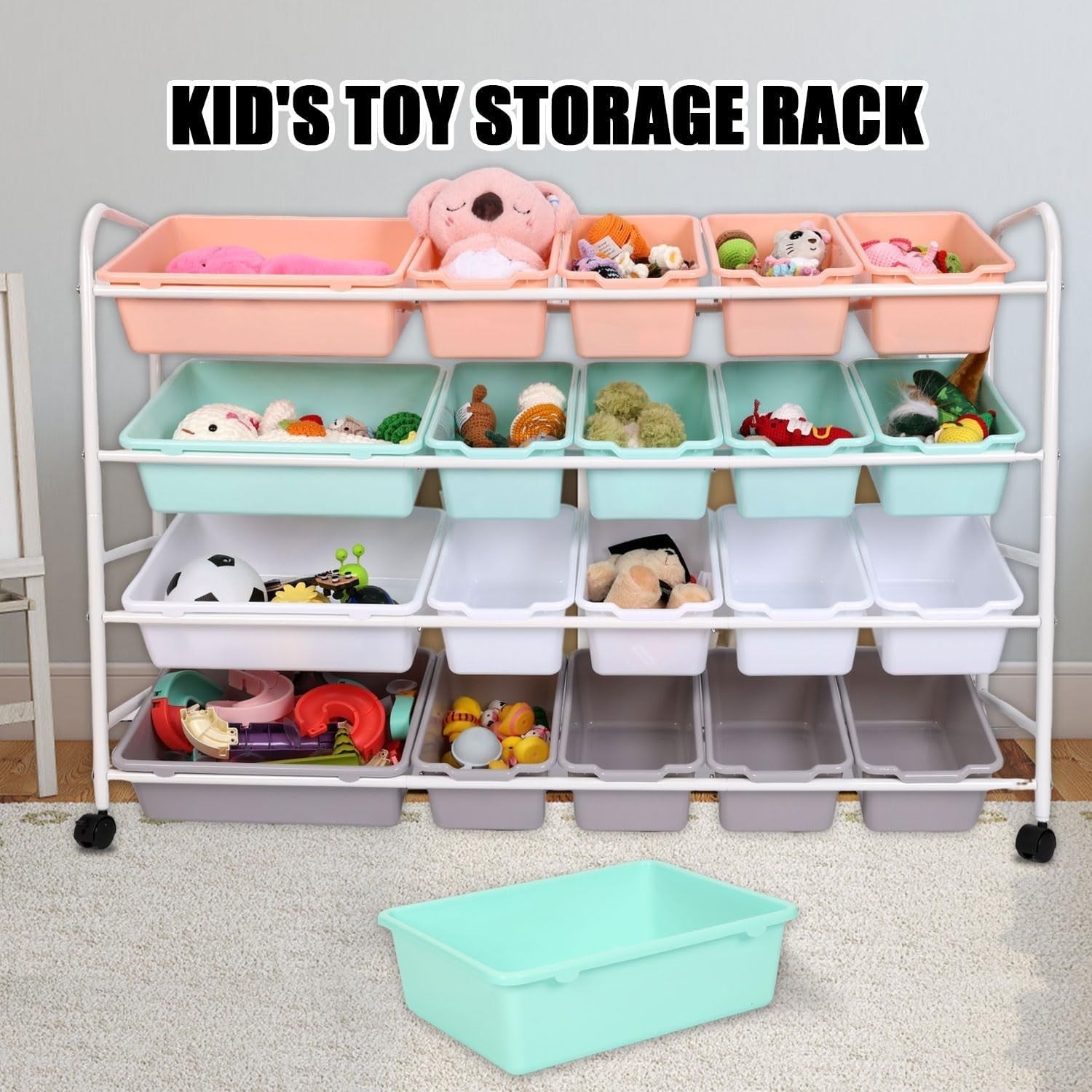 Extra Large Kids Toy Storage Organizer 4 Tier Rack with 20 Bins & Wheels
