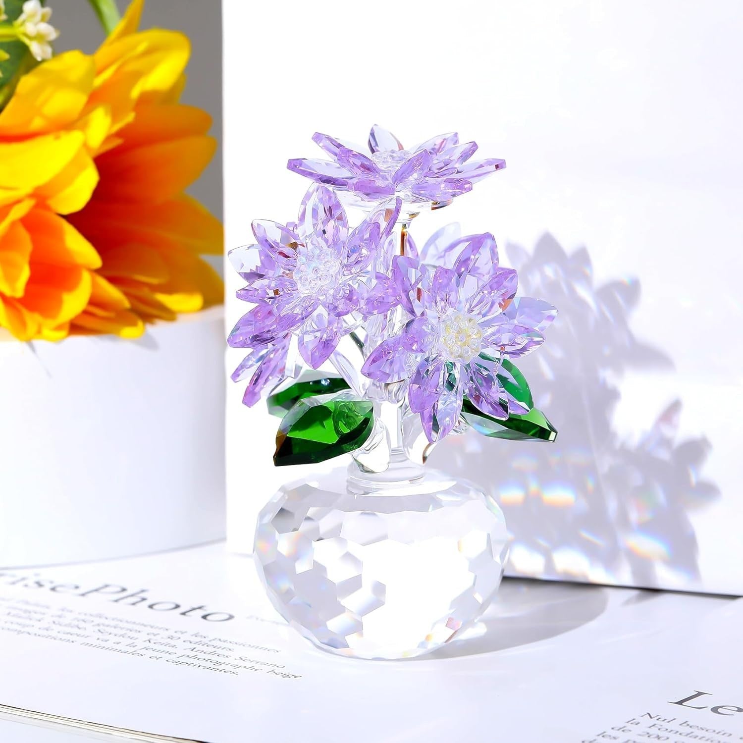 Purple Crystal Daisy Bouquet Ornament 10cm Collectible Glass Flowers Gift Decor