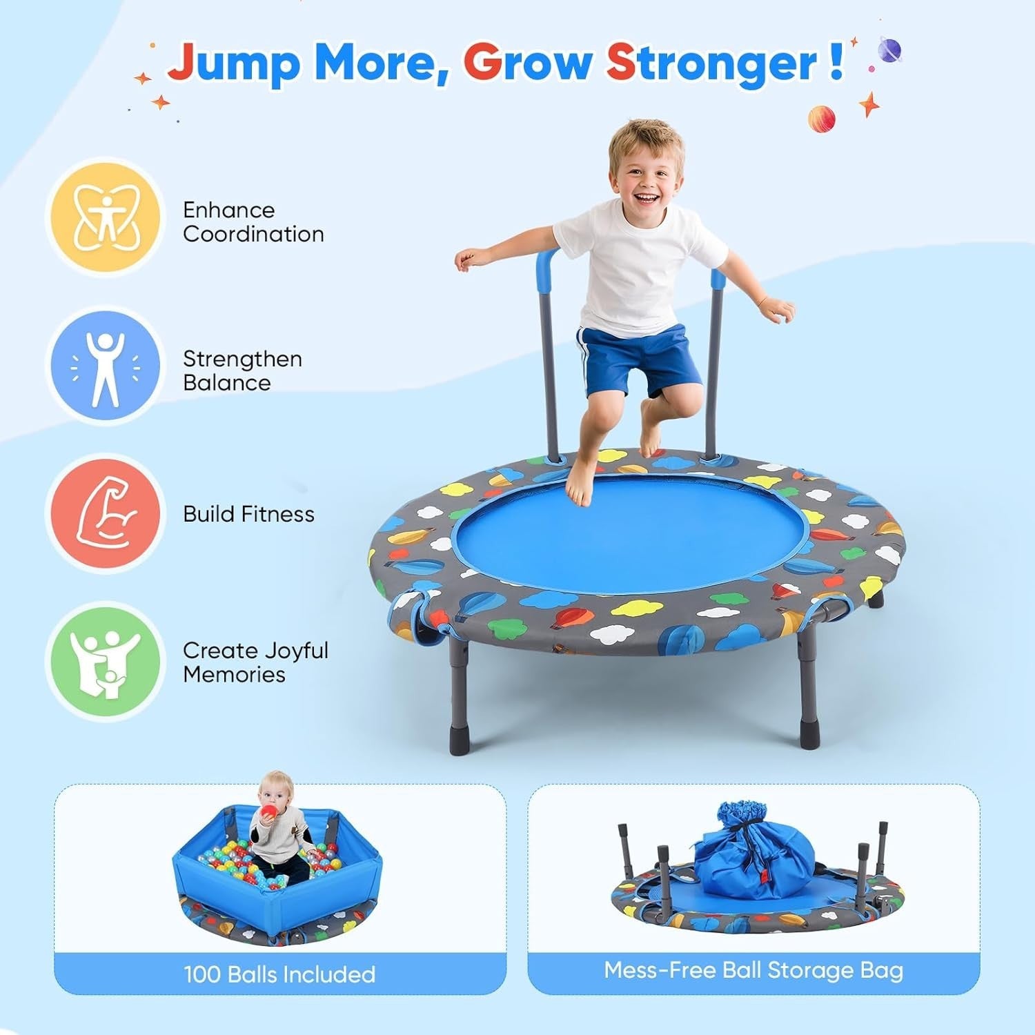 Kids Mini Trampoline Foldable with Adjustable Handle Ball Pit 330lb