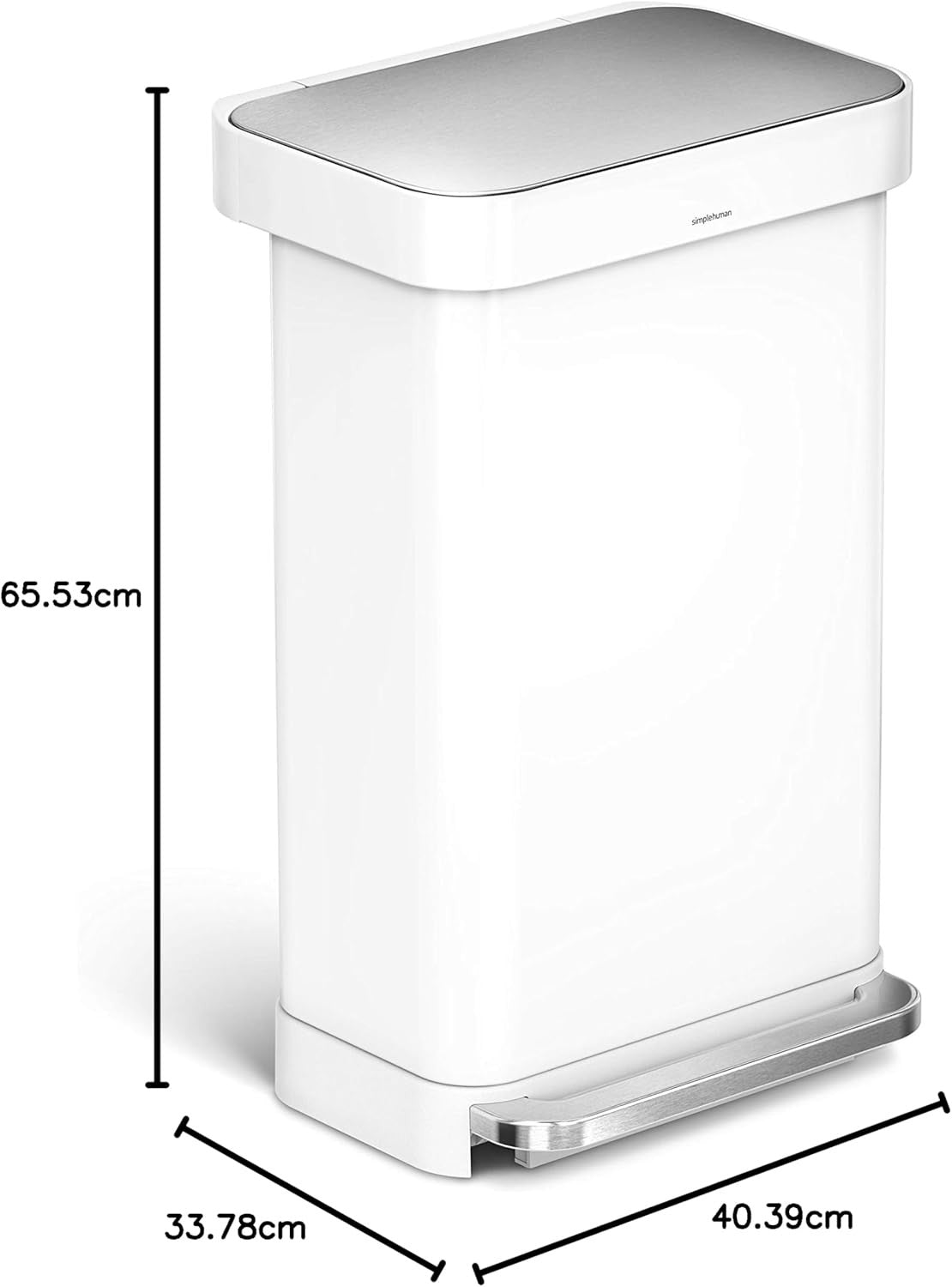45L White Steel Kitchen Pedal Bin Soft Close Rectangular Slim
