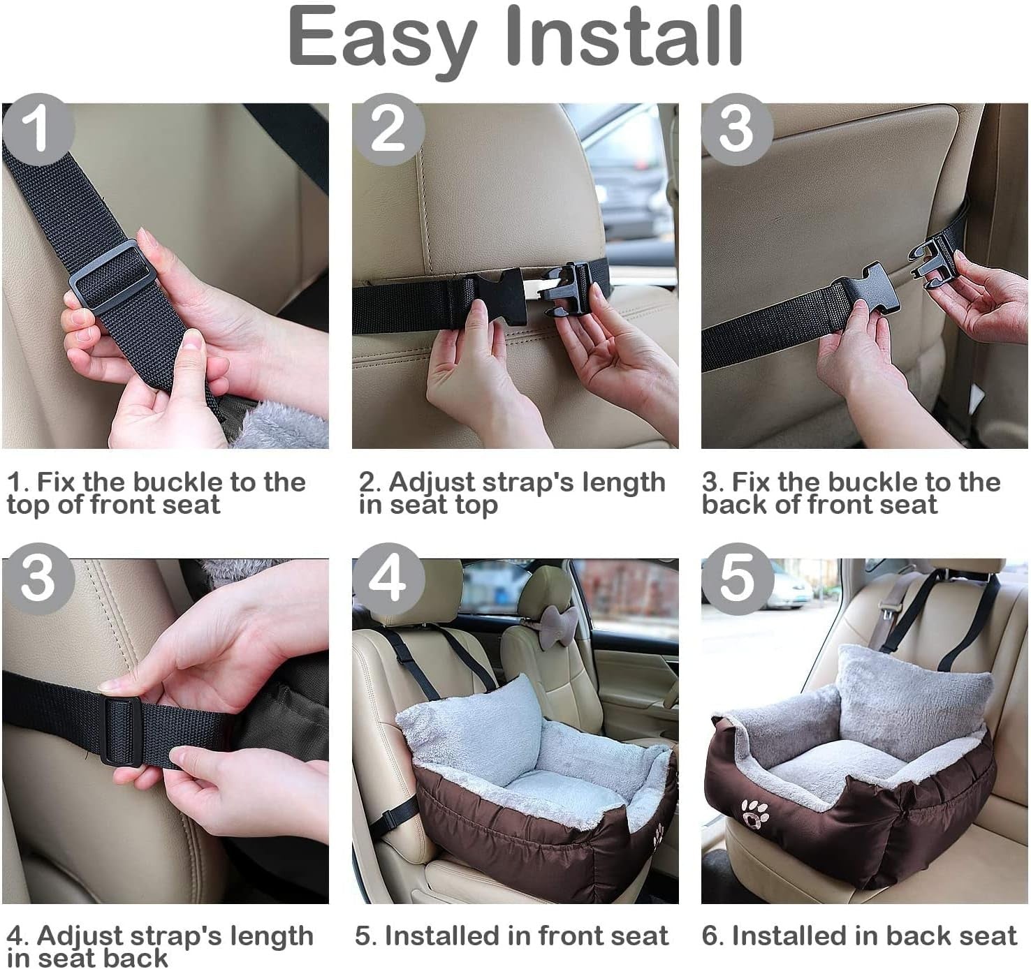Waterproof Dog Car Booster Seat Plush Travel Bed Safety Leash Brown