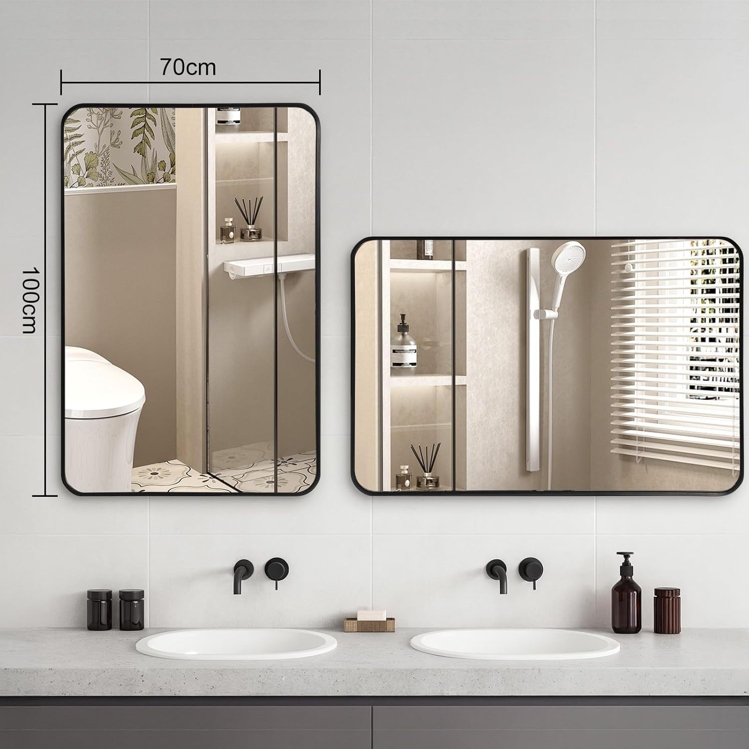 Bathroom Wall Mirror 100x70cm Black Aluminum Frame Curved Corners No LED