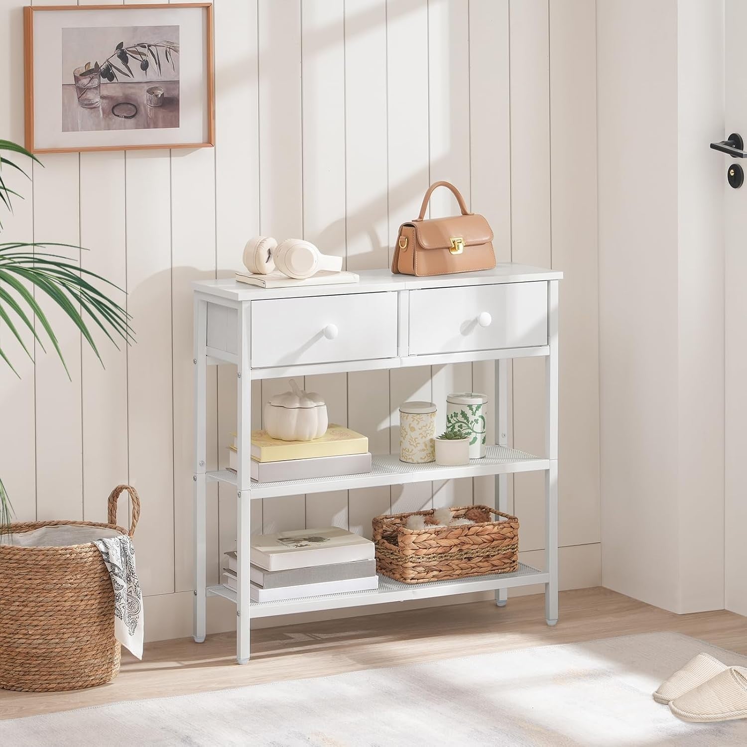 Slim White Console Table with 2 Drawers & Mesh Shelves – Space-Saving Storage
