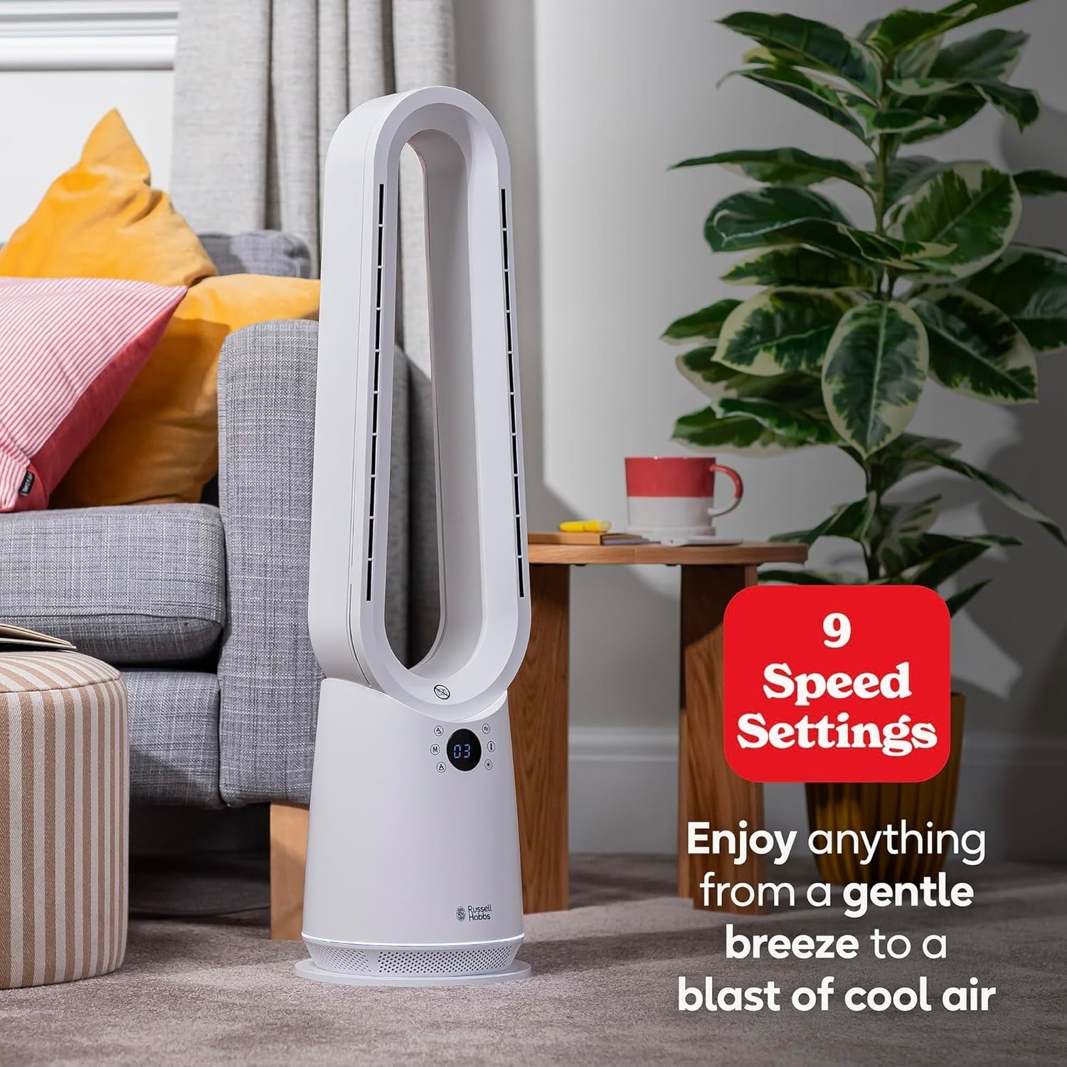 Bladeless Tower Fan & Heater – 2000W 9-Speed LED Display Remote White