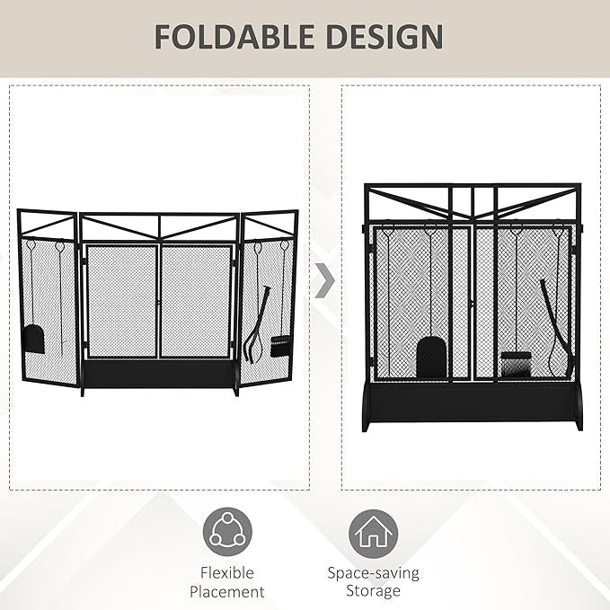 3 Panel Folding Fire Screen with Fireplace Tools & Doors – Freestanding Spark