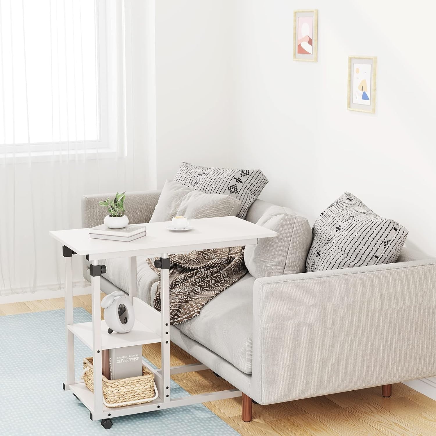 C Shaped Side Table Height Adjustable Sofa Bed Laptop Desk Wheels