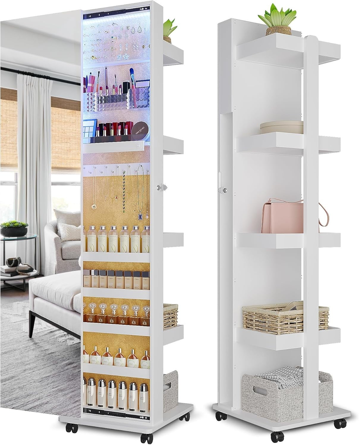 360° Swivel Jewelry Cabinet LED Full Length Mirror Rolling Storage Gray