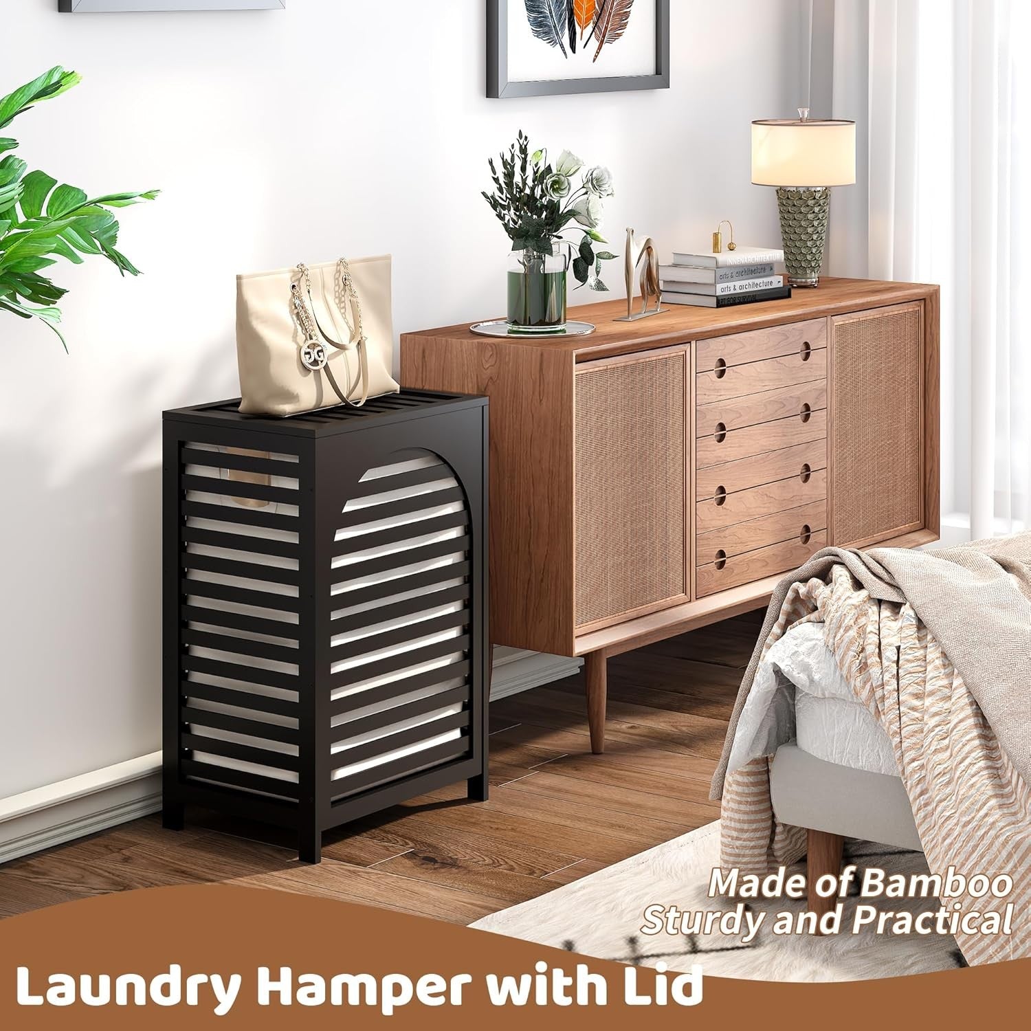 85L Black Bamboo Laundry Hamper with Lid Large Laundry Basket Removable Liner