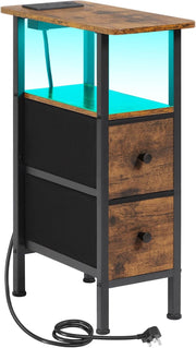 Slim LED Bedside Table with Charging Station, 2 Drawers & Shelf Storage Brown