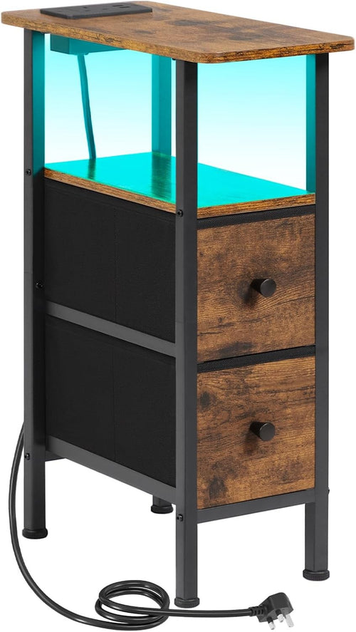 Slim LED Bedside Table with Charging Station, 2 Drawers & Shelf Storage Brown