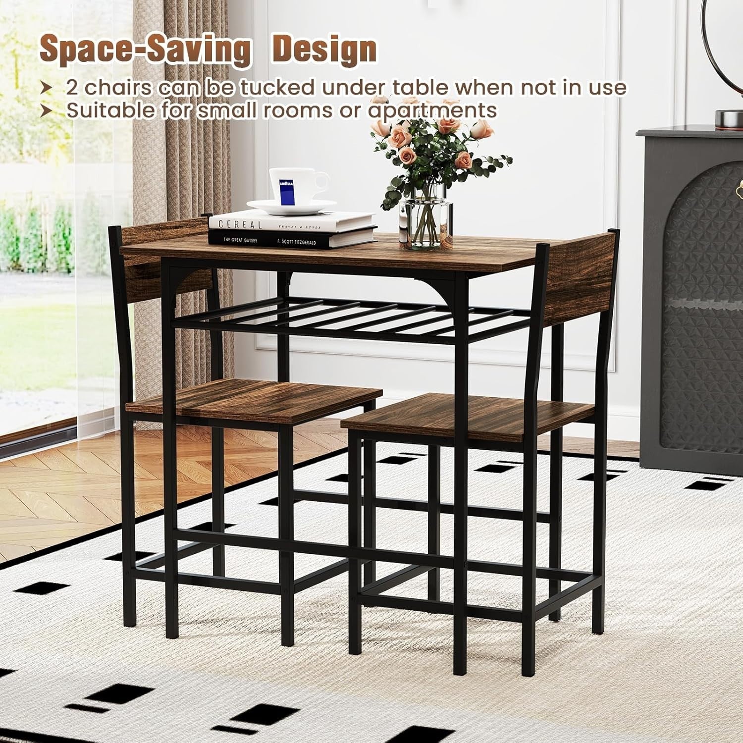 3-Piece Rustic Brown Bar Table Set with 2 Stools & Storage Rack Dining Furniture