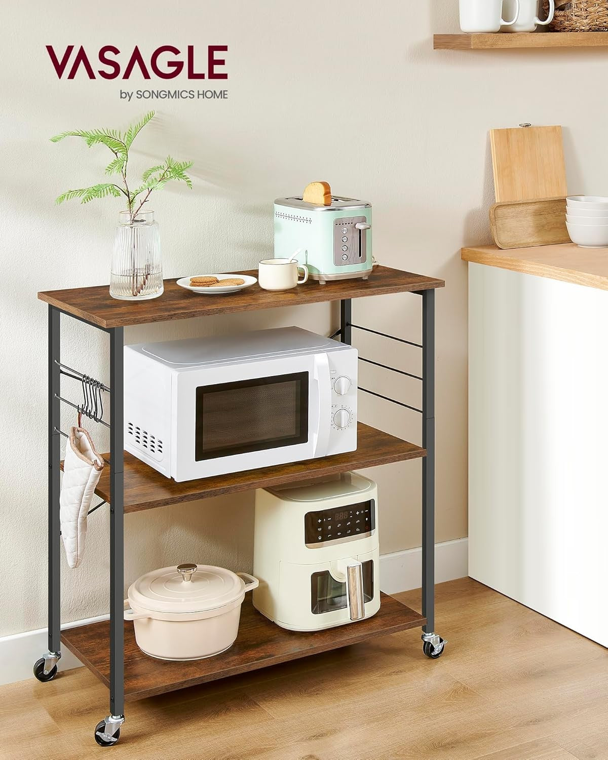 Kitchen Trolley on Wheels 3 Tier Microwave Shelf Rustic Rolling Storage Cart