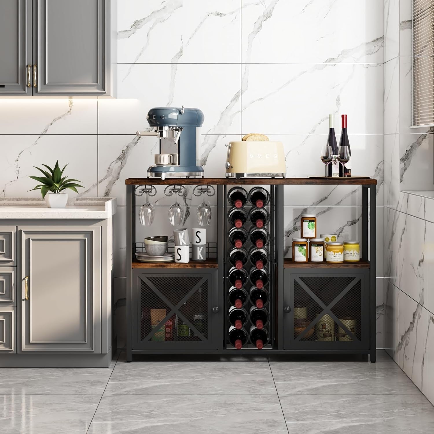 Rustic Home Bar Cabinet with Wine Rack, Glass Holder & Storage Shelves Sideboard