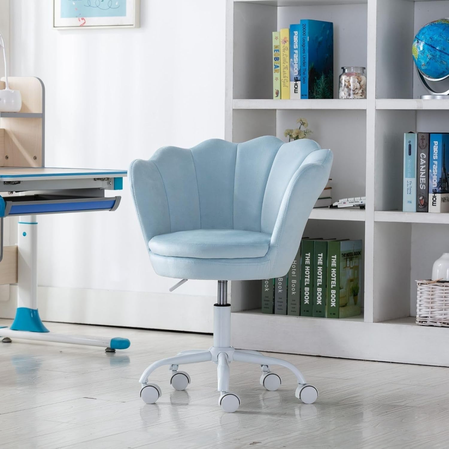 Kids Swivel Desk Chair Height Adjustable Velvet Upholstered Study Seat Blue