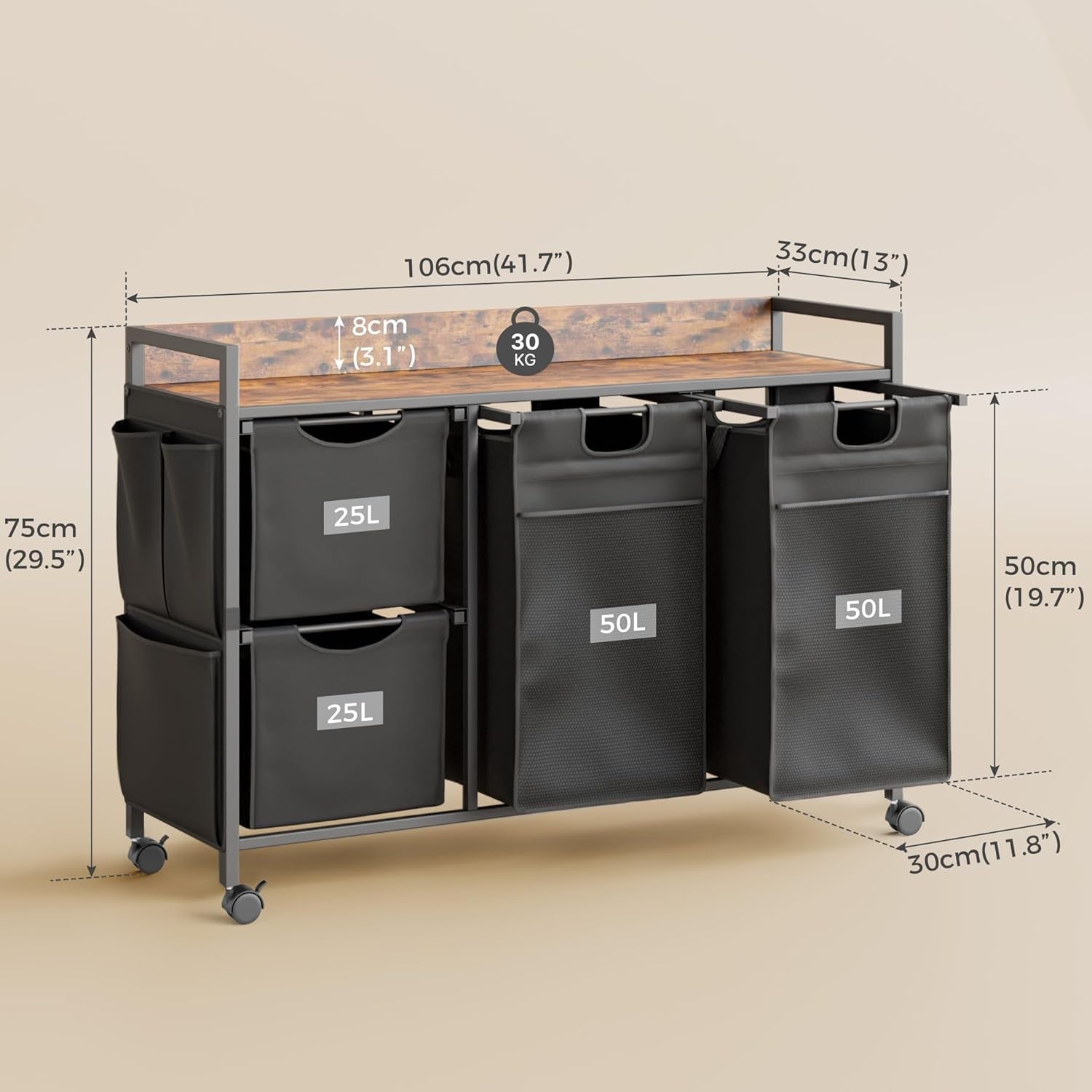 150L 4-Bag Laundry Hamper on Wheels with Rustic Top & Removable Liners