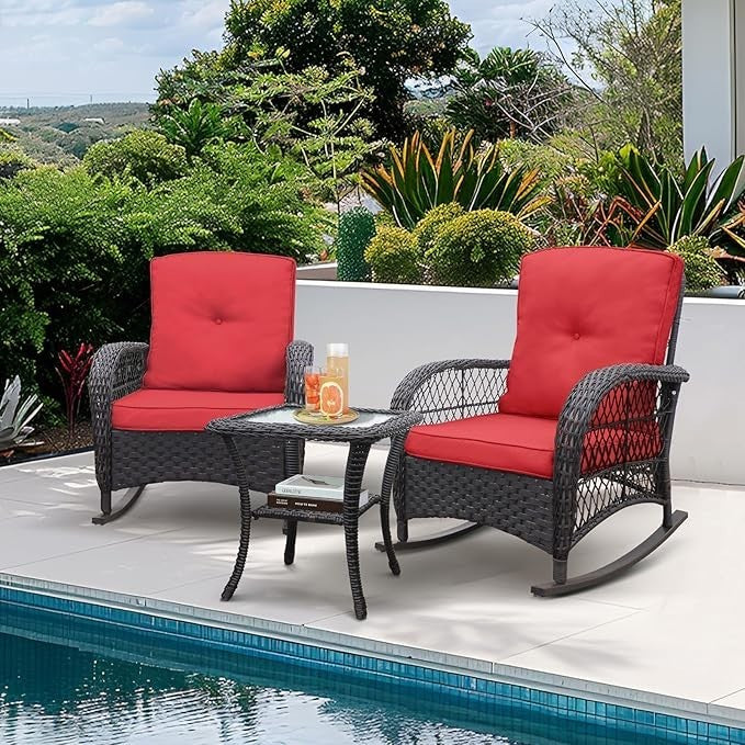 2 Seat Rattan Rocking Bistro Set w/ Red Cushions & Glass Table Outdoor Patio
