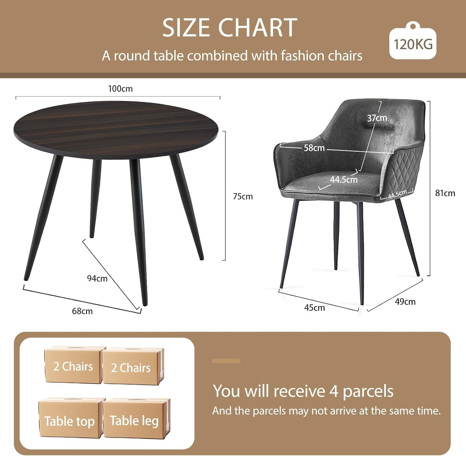 Grey Faux Suede Dining Set 4 Chairs + Walnut Round Table | 2–4 Seater Compact
