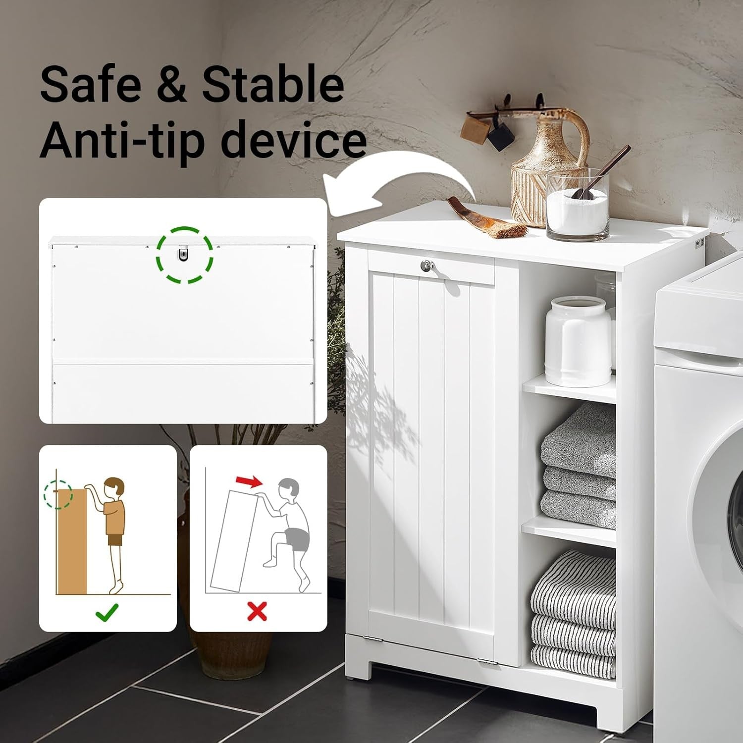 Slim Bathroom Laundry Cabinet with Flip Out Basket & Shelves White