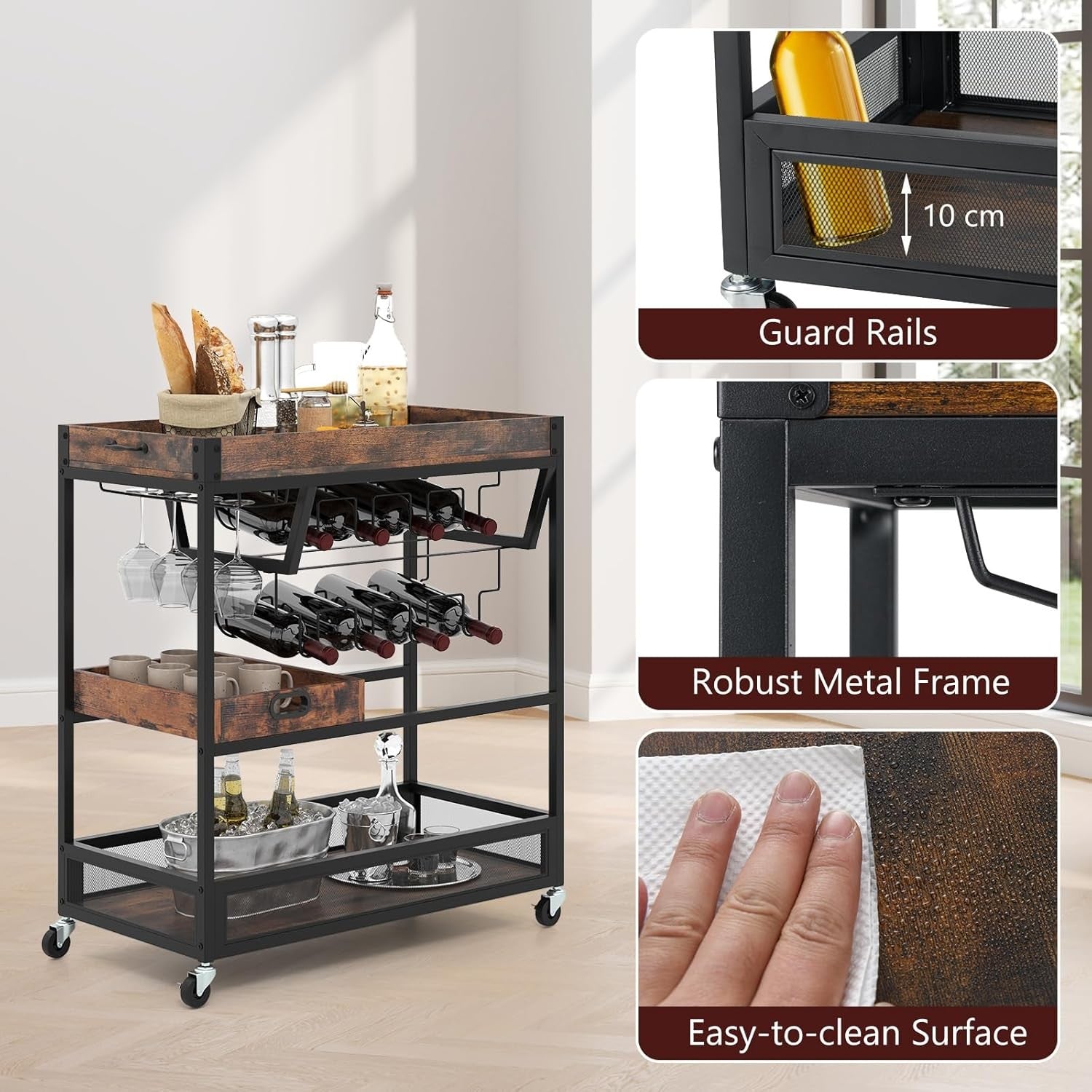 3 Tier Serving Trolley Bar Cart on Wheels with Wine Rack Glass Holder Tray