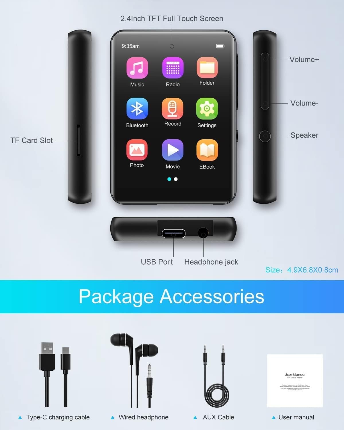 64GB MP3 Player Bluetooth 5.3 Touch Screen Speaker FM 128GB