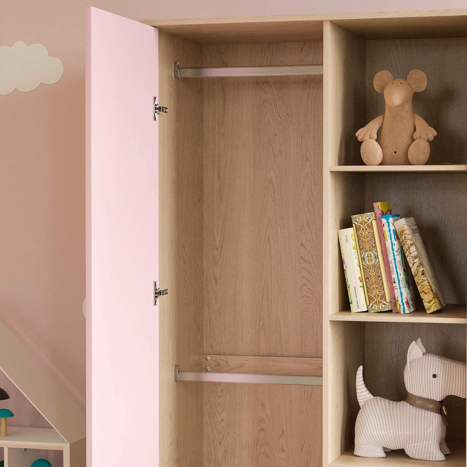 Kids 1-Door Wardrobe with Clothes Rails & Shelves – Durable Pink & Oak Storage