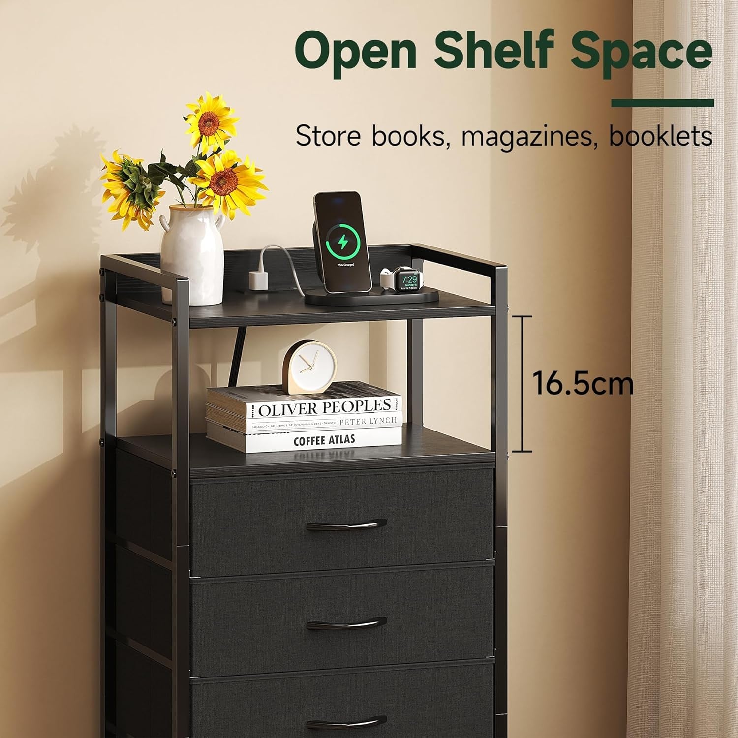 Tall Black LED Bedside Table with Charging Ports 5-Drawer Modern Storage Unit