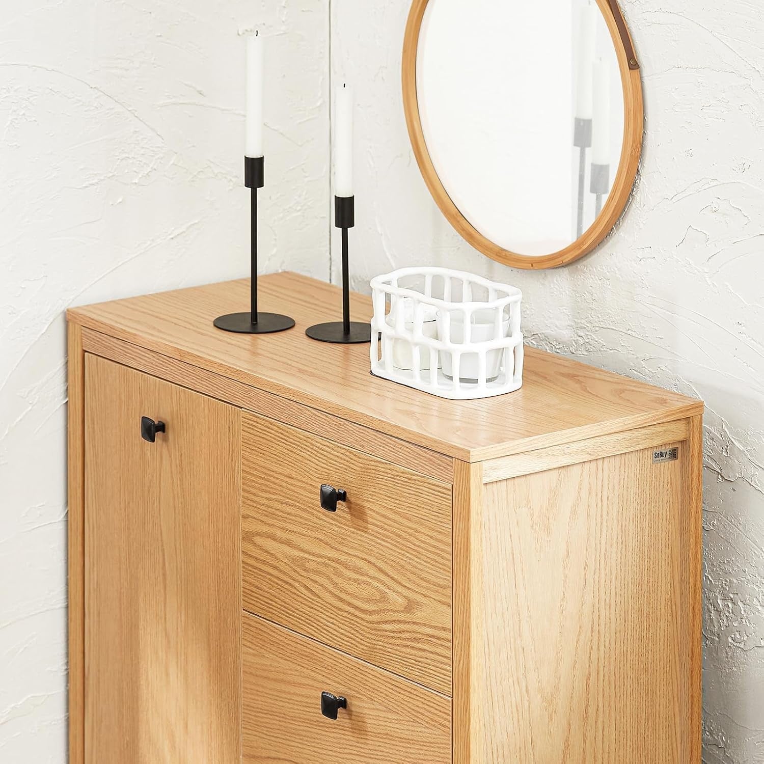 Wooden Bathroom Storage Cabinet with Laundry Basket & 3 Drawers 80×35×90cm